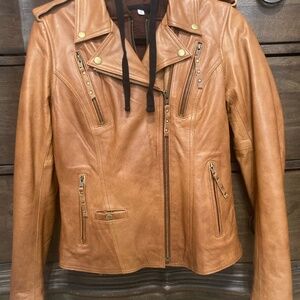 Derringer Genuine Leather Women's Hooded Motorcycle Jacket- Arizona Brown